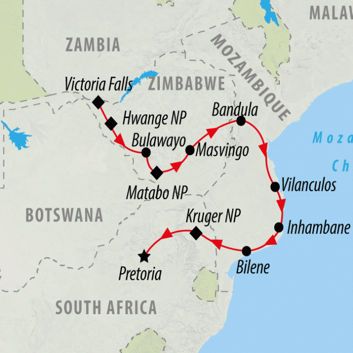 tourhub | On The Go Tours | Zimbabwe & Mozambique Discovery - 14 Days | Tour Map