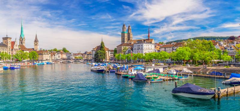 View of historic Zurich city center with famous Fraumunster Church, Limmat river and Zurich lake, Zu