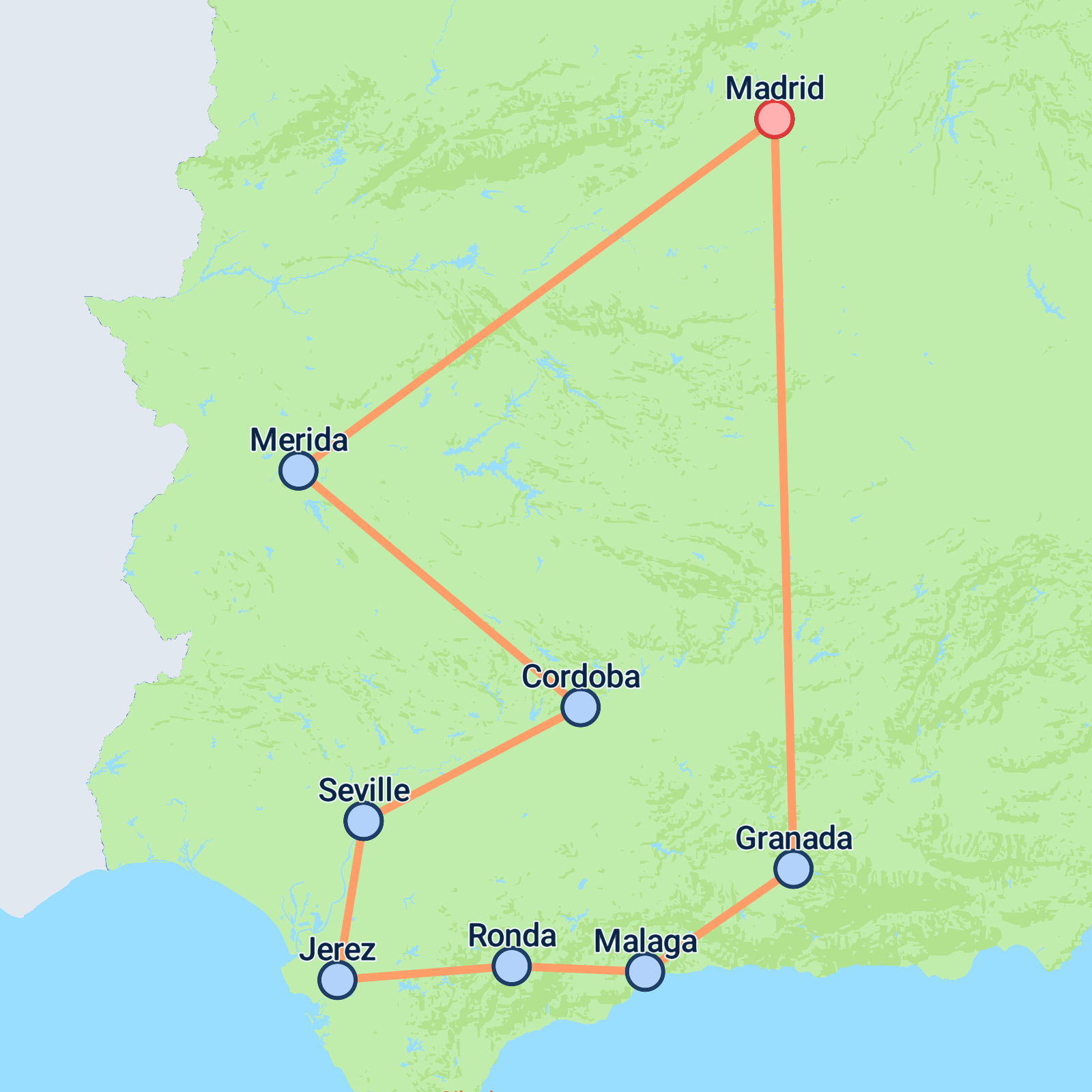 Map of Madrid & Southern Spain - 9 days
