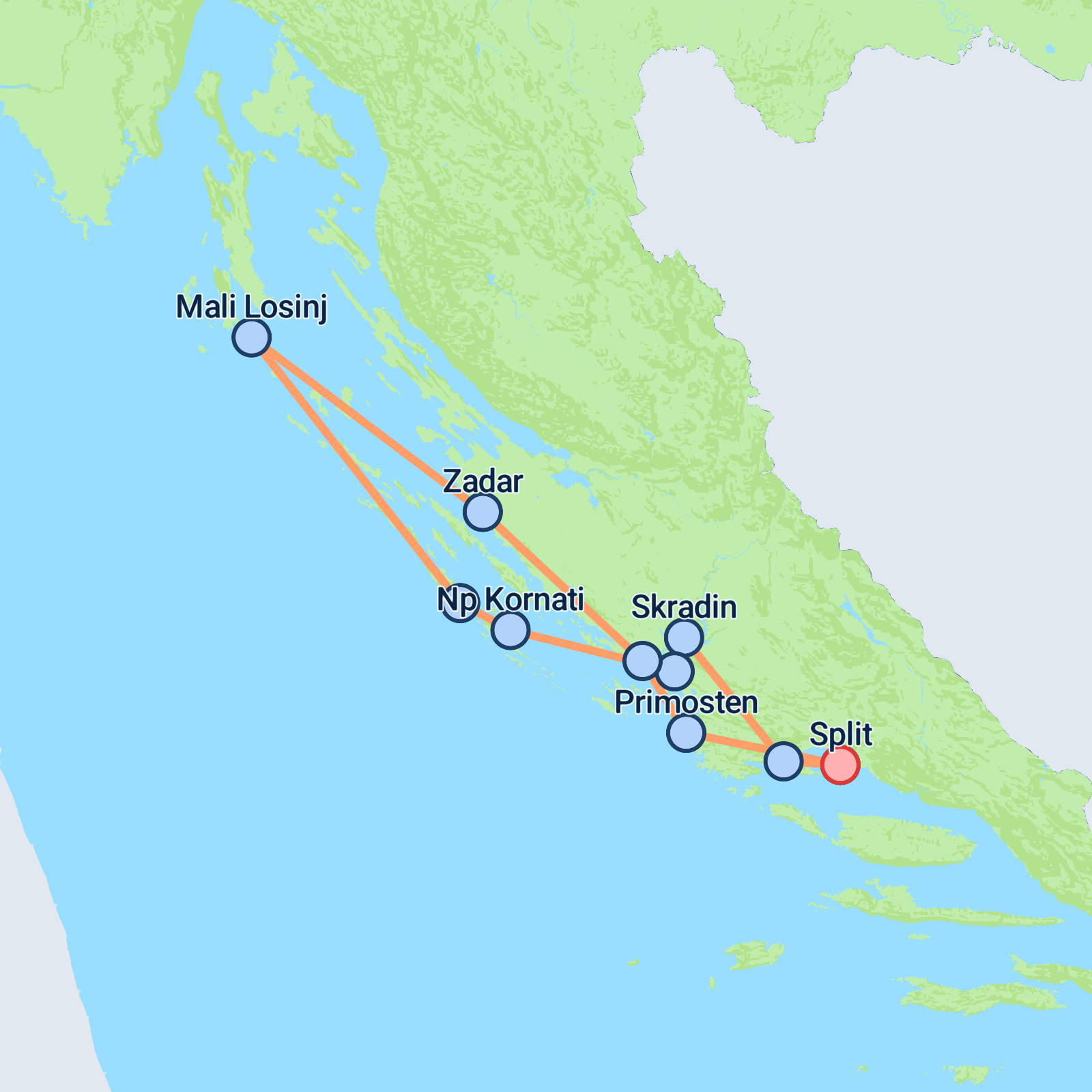 Map of Split to Split Deluxe Superior - 8 days