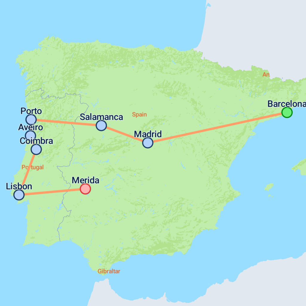 Barcelona, Madrid, Porto & Lisbon - 11 days  Map