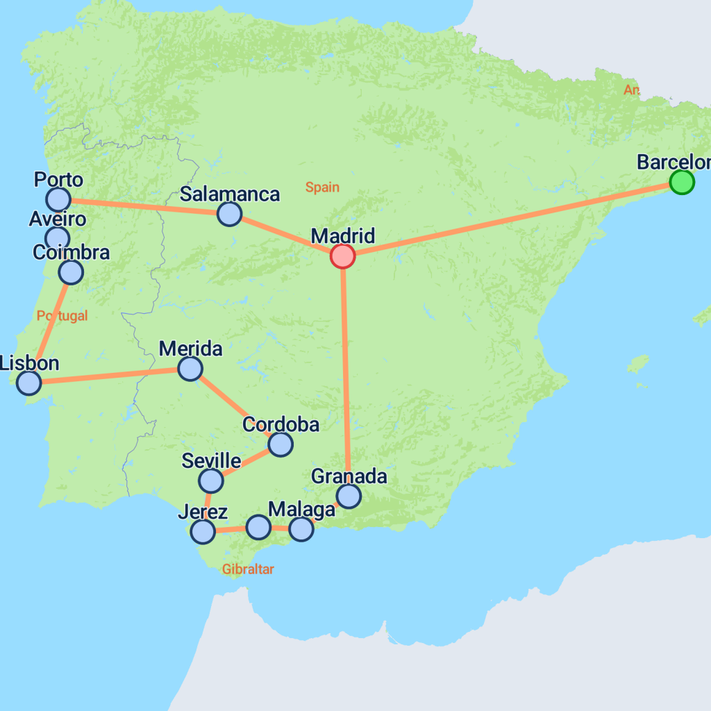 Barcelona, Portugal & Andalucia - 16 days  Map
