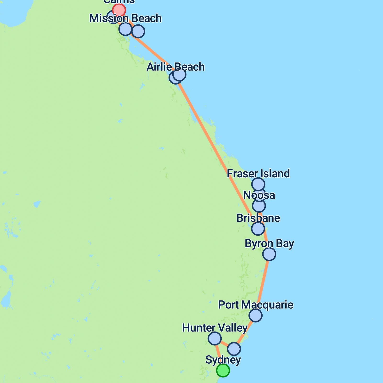 Map of Sydney to Cairns Explorer - 14 days
