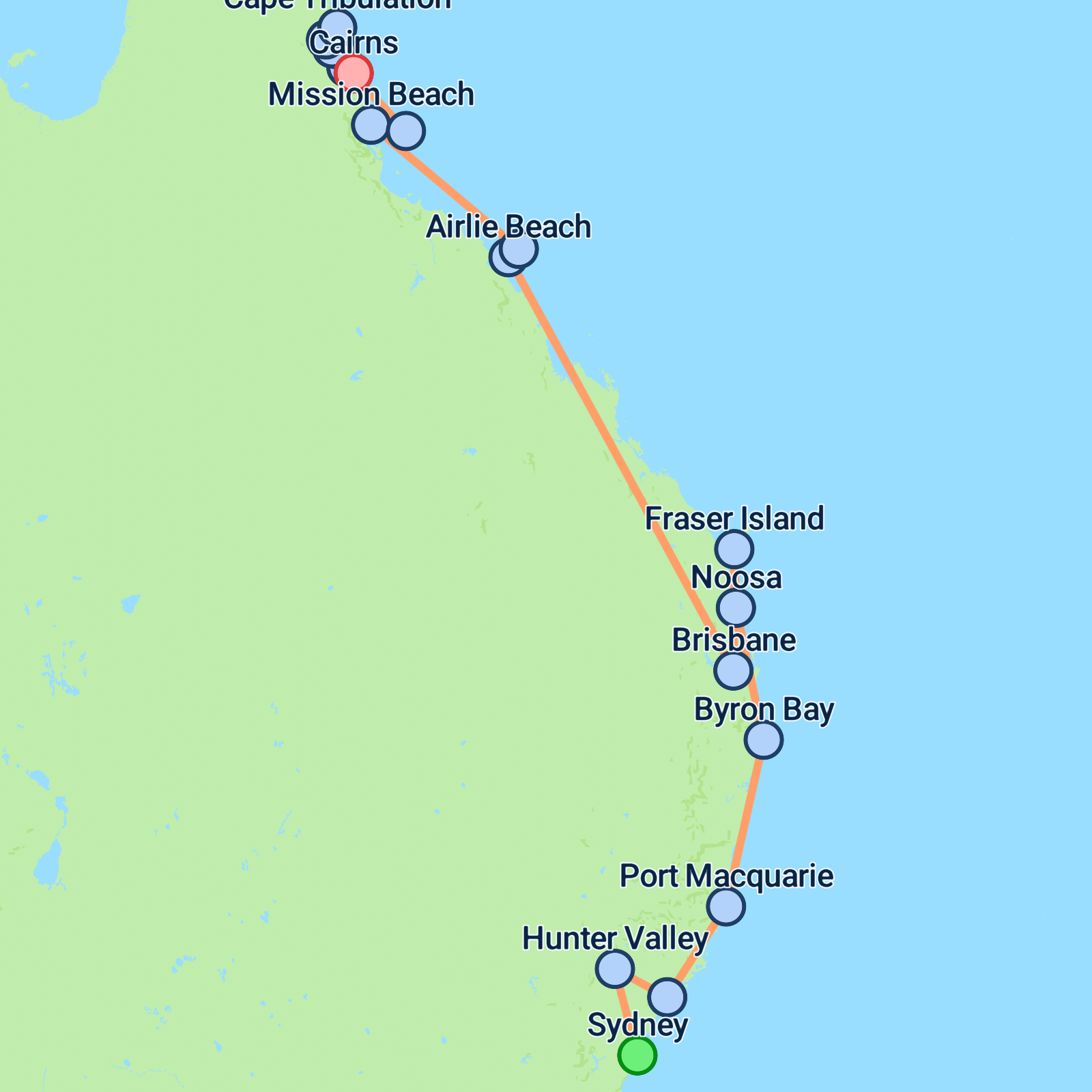 Map of East Coast Encompassed - 16 days