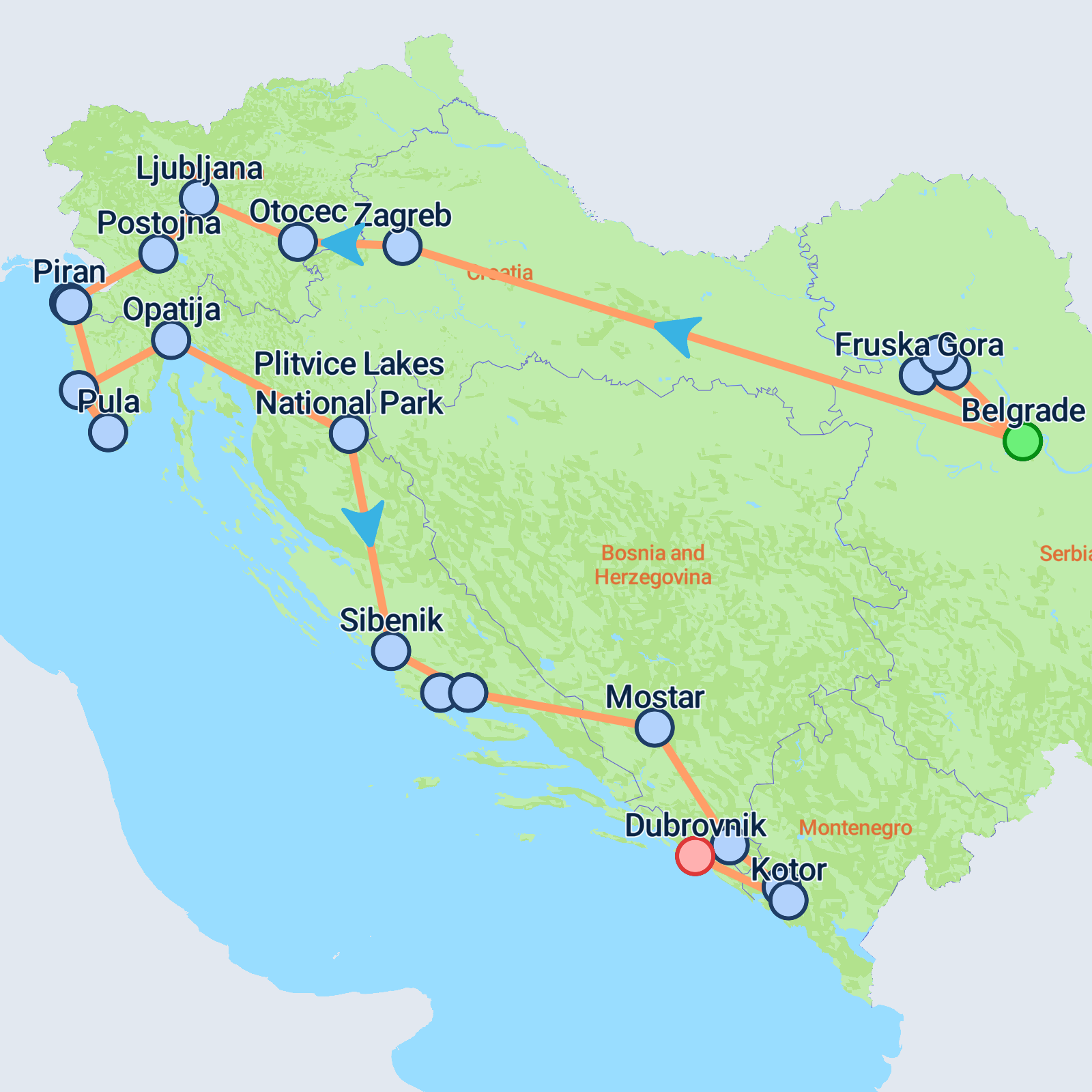 Map of Belgrade to Dubrovnik Superior - 13 days