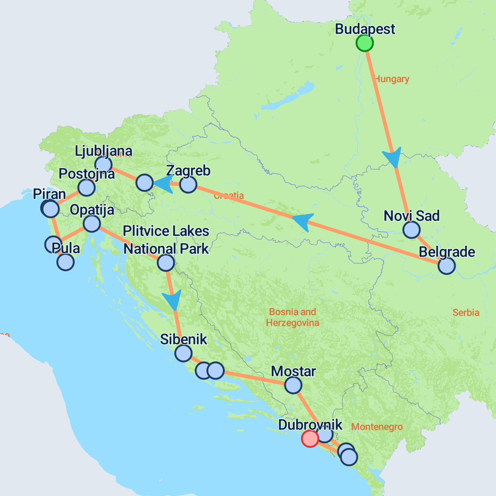 Map of Budapest & Balkans Superior - 15 days