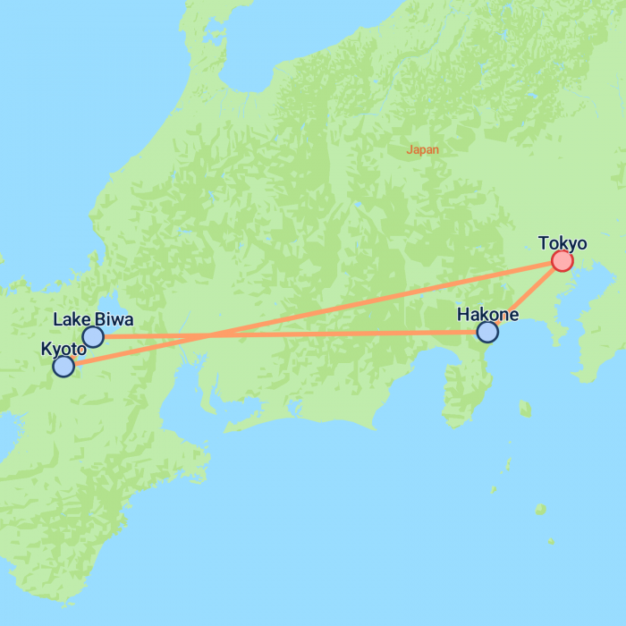 tourhub | On The Go Tours | Tokyo, Fuji, Lake Biwa & Kyoto - 10 days | Tour Map
