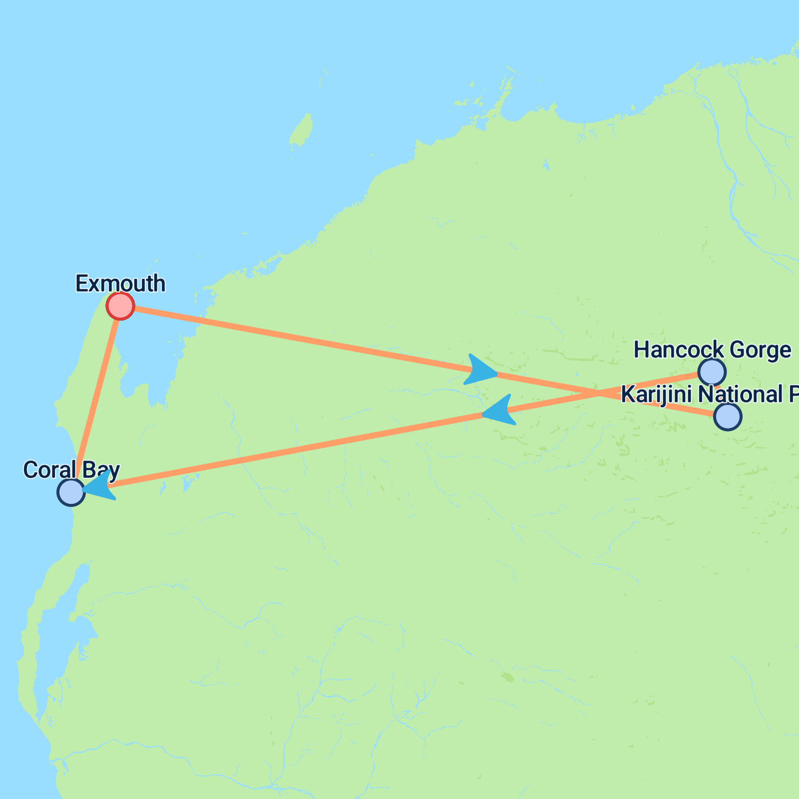 Map of Exmouth, Karijini National Park & Ningaloo - 6 days