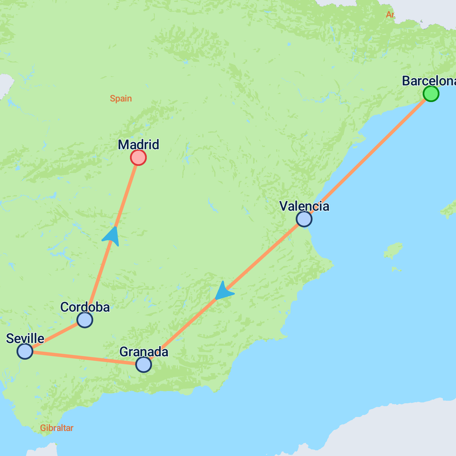 Map of Barcelona to Andalusia & Madrid - 9 days 