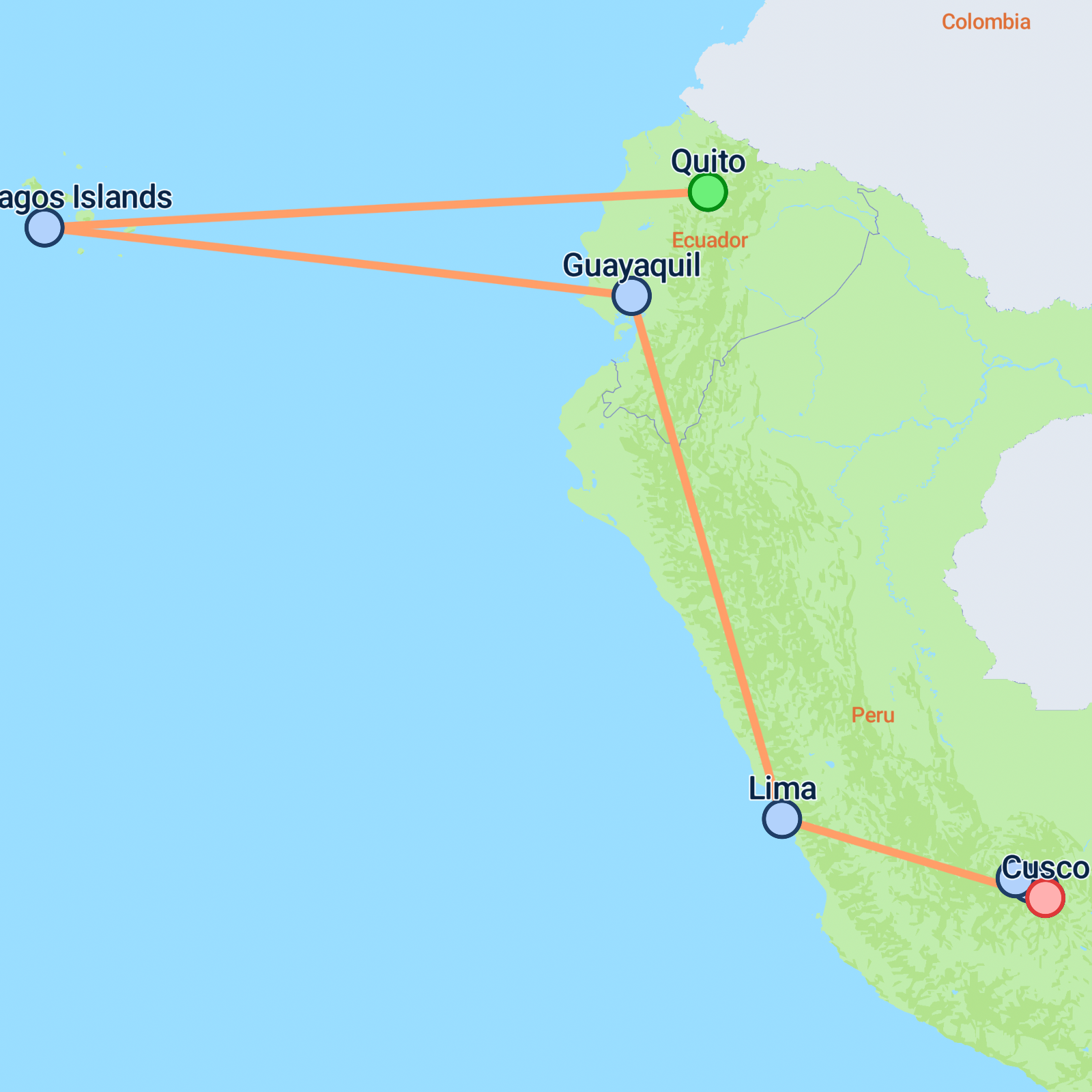 Map of Quito, Galapagos & Peru - 11 days