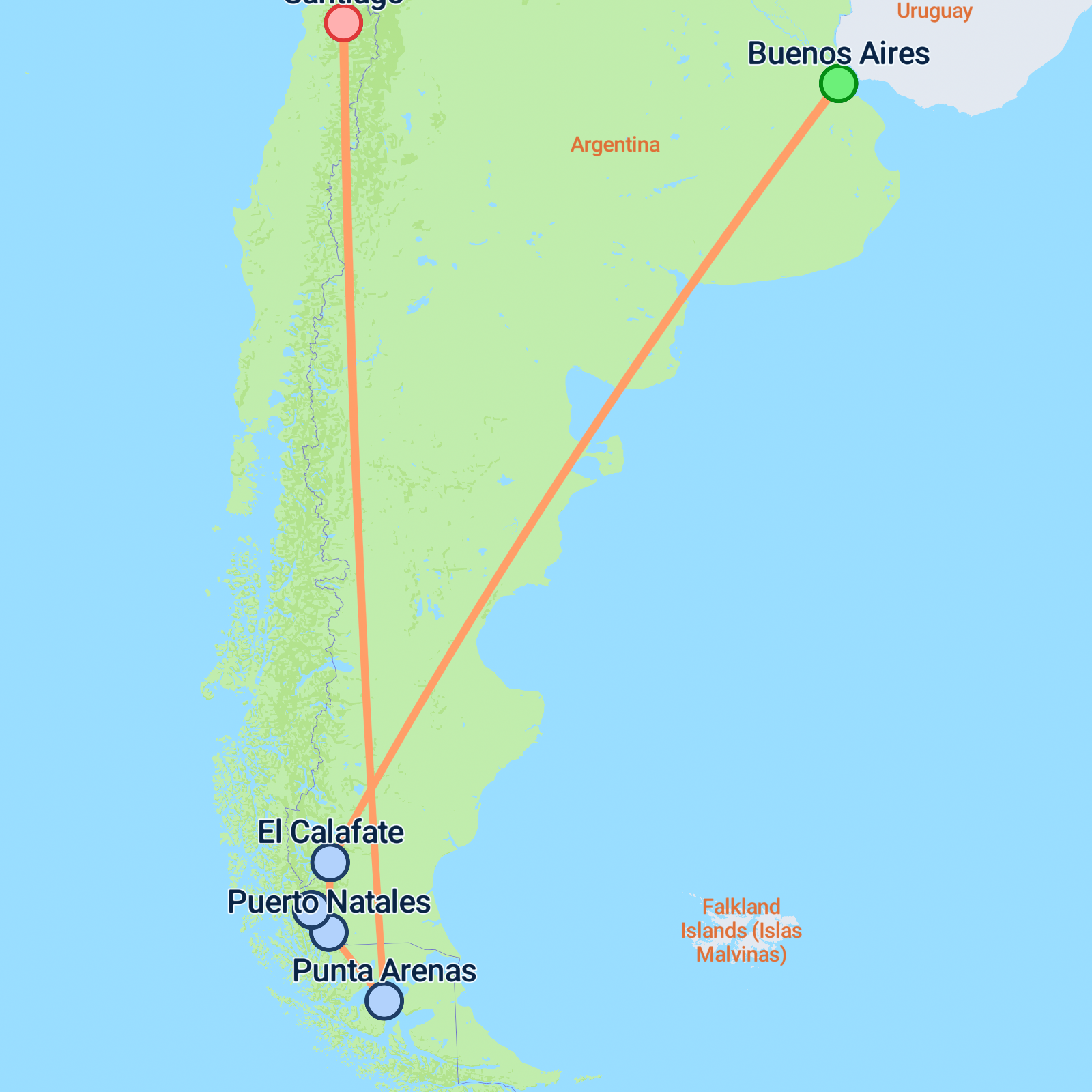 Map of Buenos Aires, Patagonia & Santiago - 11 days