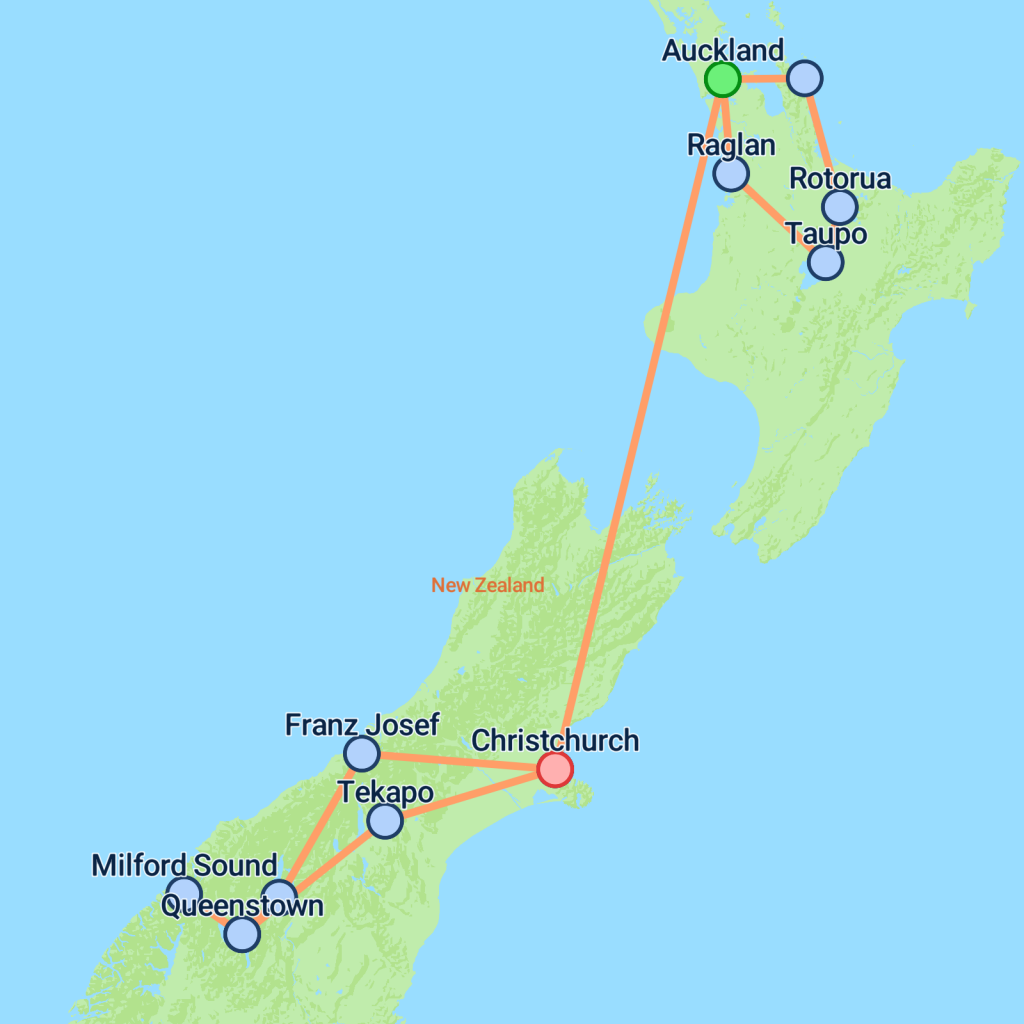 Budget Kiwi Adventure From Auckland - 14 days Map