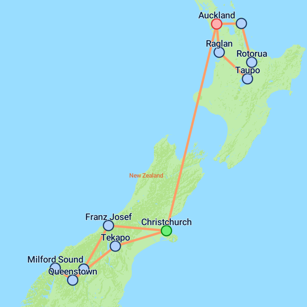 Budget Kiwi Adventure From Christchurch - 14 days Map