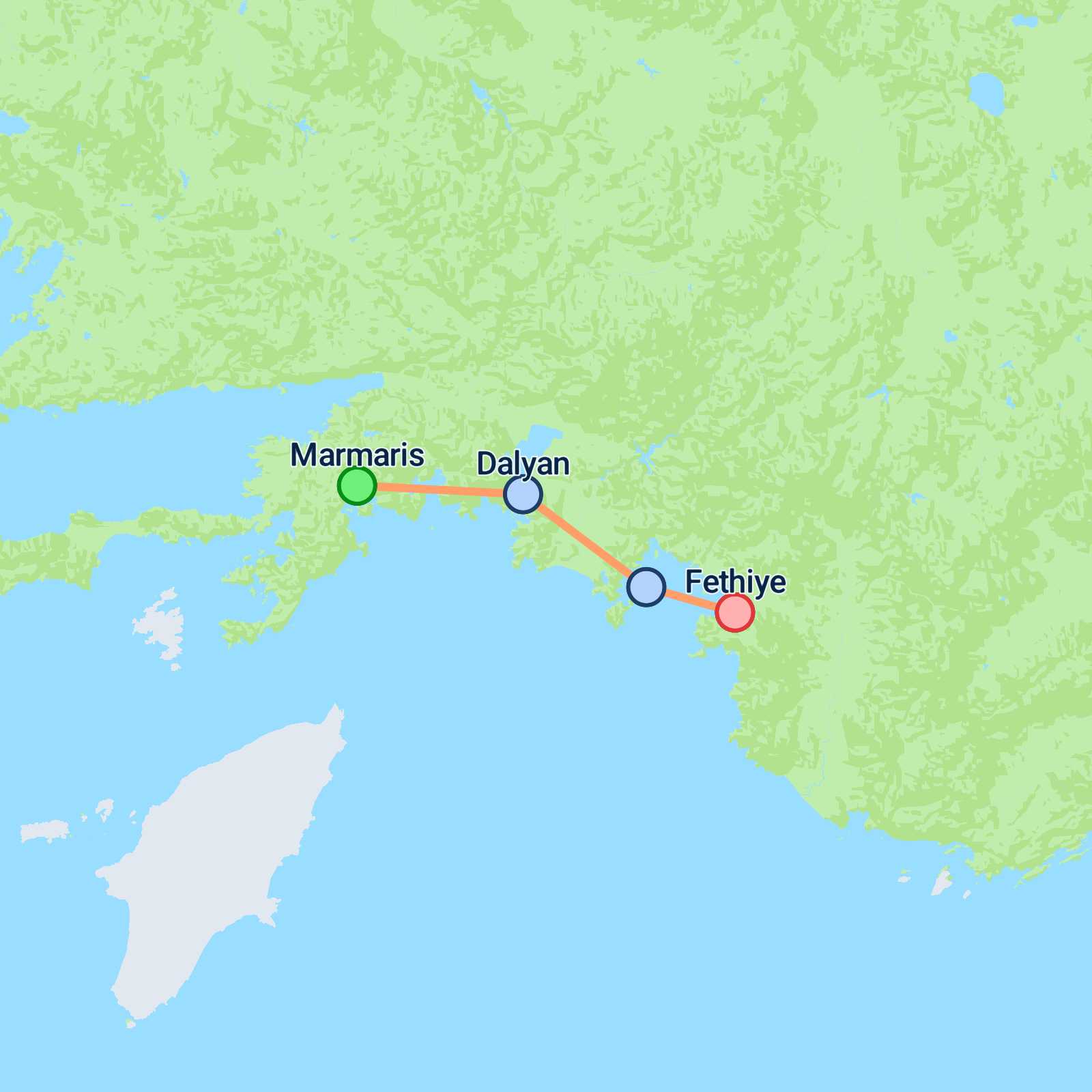 Map of Marmaris to Fethiye - 4 days