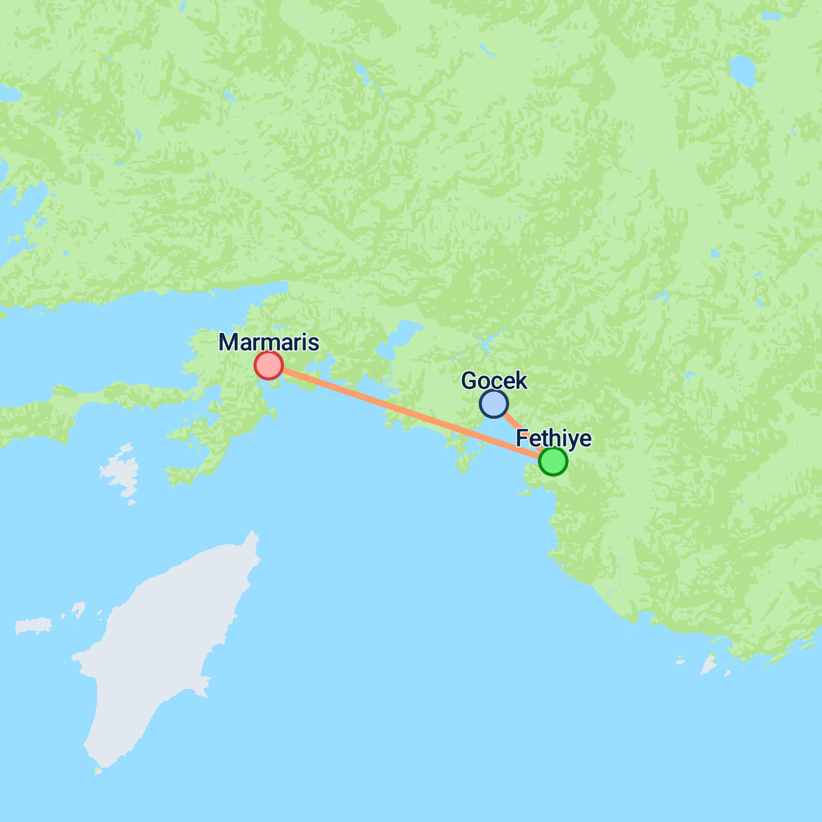 Map of Fethiye to Marmaris - 4 days