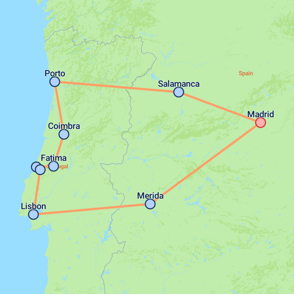 Private Portugal Explorer From Madrid - 9 days map