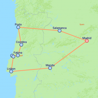 Private Portugal Explorer From Madrid - 9 days map