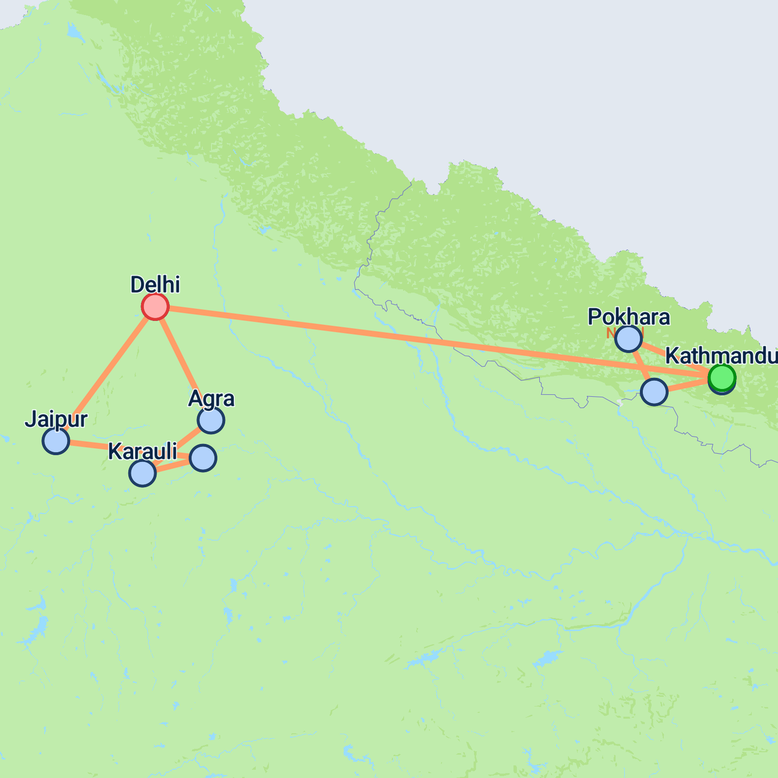 Map of Highlights of Nepal & India - 16 days