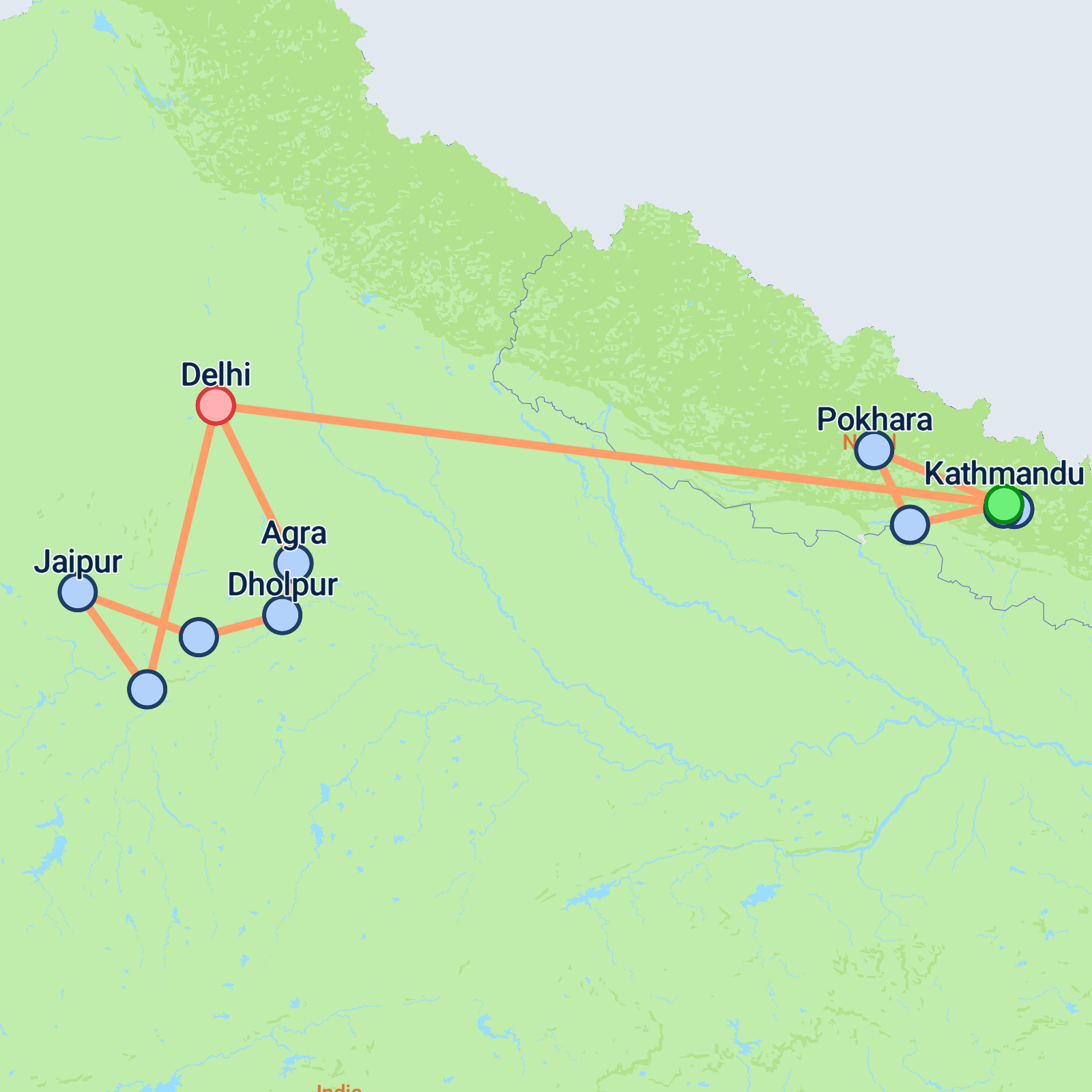 Map of Nepal, Taj & Tigers - 18 days