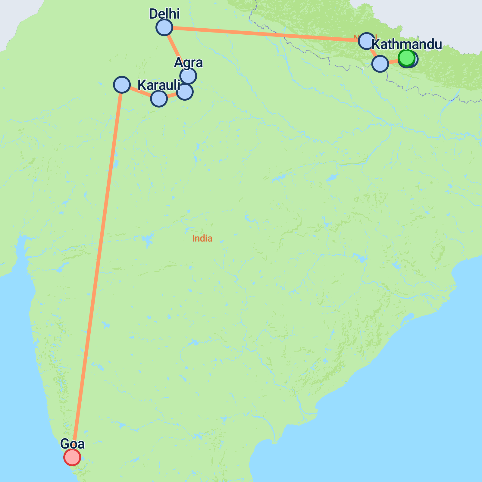 Map of Nepal to Golden Triangle & Goa - 19 days
