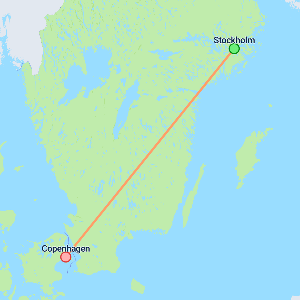 Stockholm to Copenhagen by Train - 9 days map