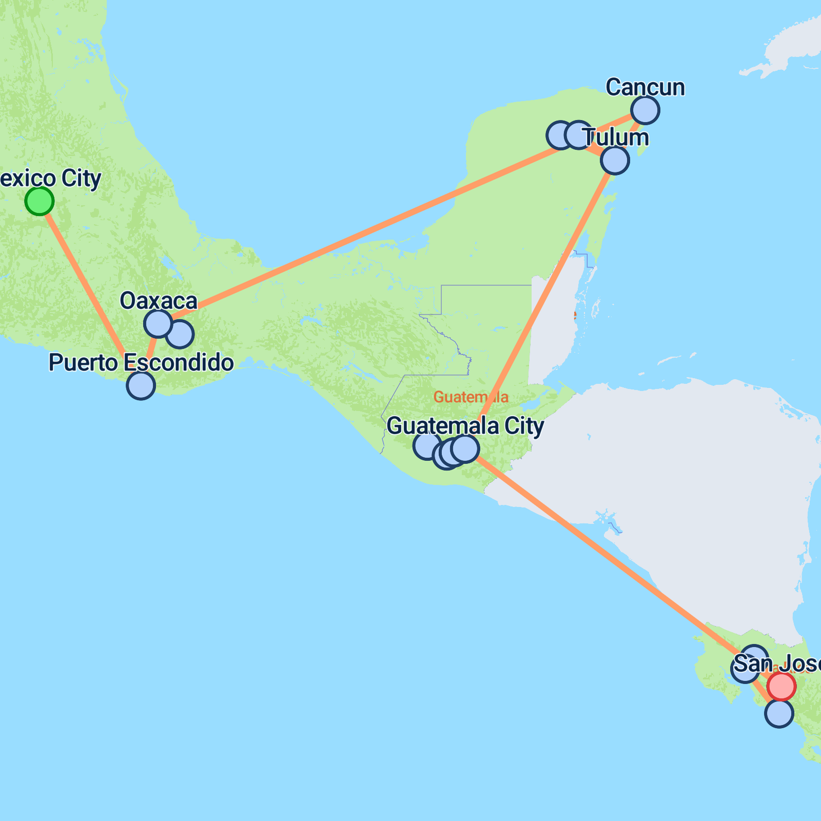 Map of Essential Mexico, Guatemala & Costa Rica - 20 days 