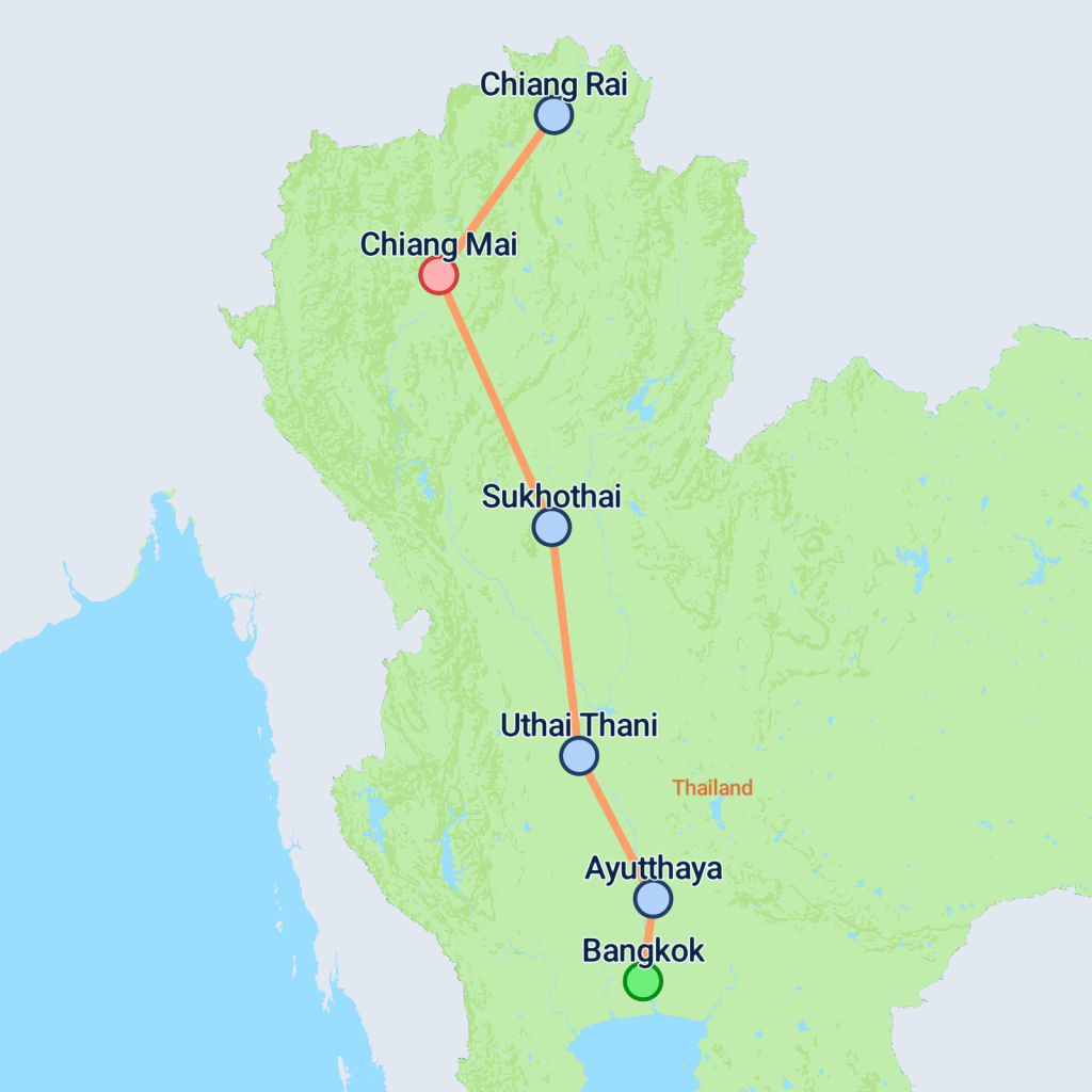 Bangkok to Ayutthaya & North Thailand - 8 days map