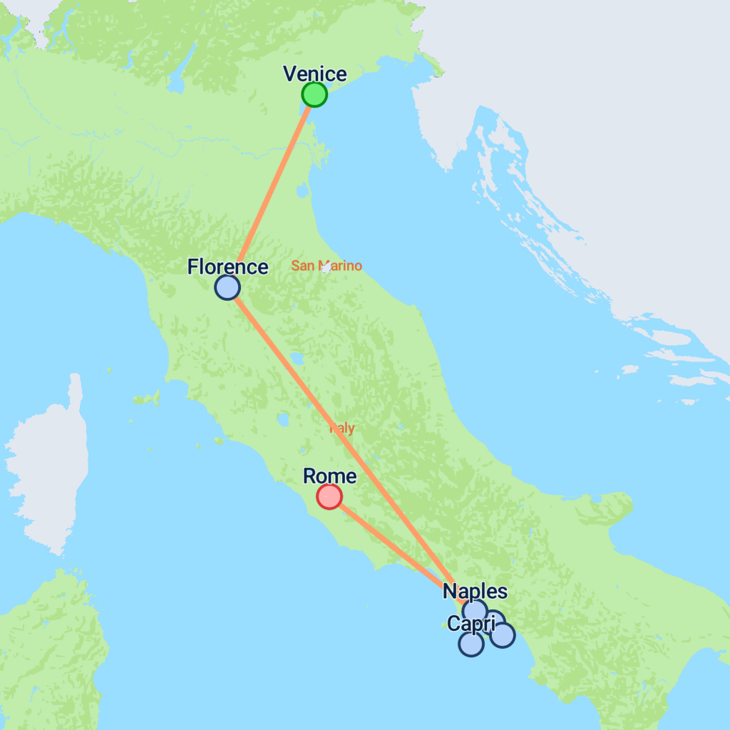 Venice to Florence, Naples & Rome (4 Star) - 11 days map