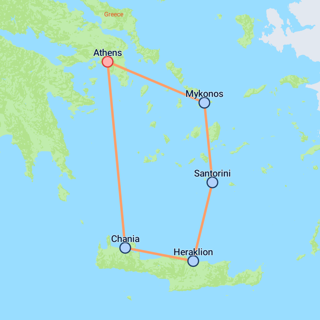 Acropolis to Aegean Islands - 10 days map