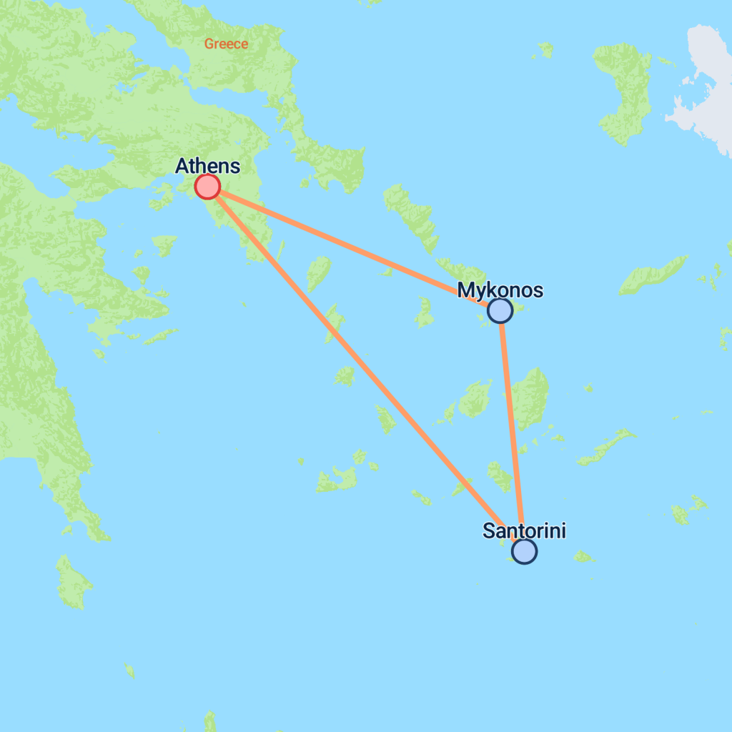 Classic Athens, Mykonos & Santorini - 10 days map