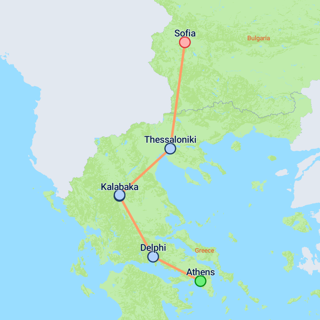 Athens to Sofia - 7 days map