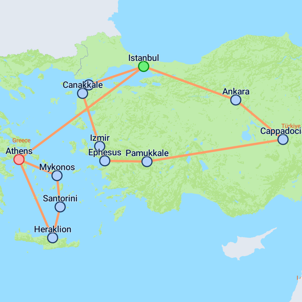 Turkey to Athens & Greek Islands - 18 days map