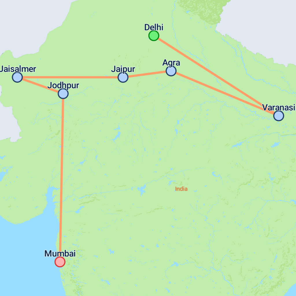 Golden Triangle to Mumbai - 14 days map