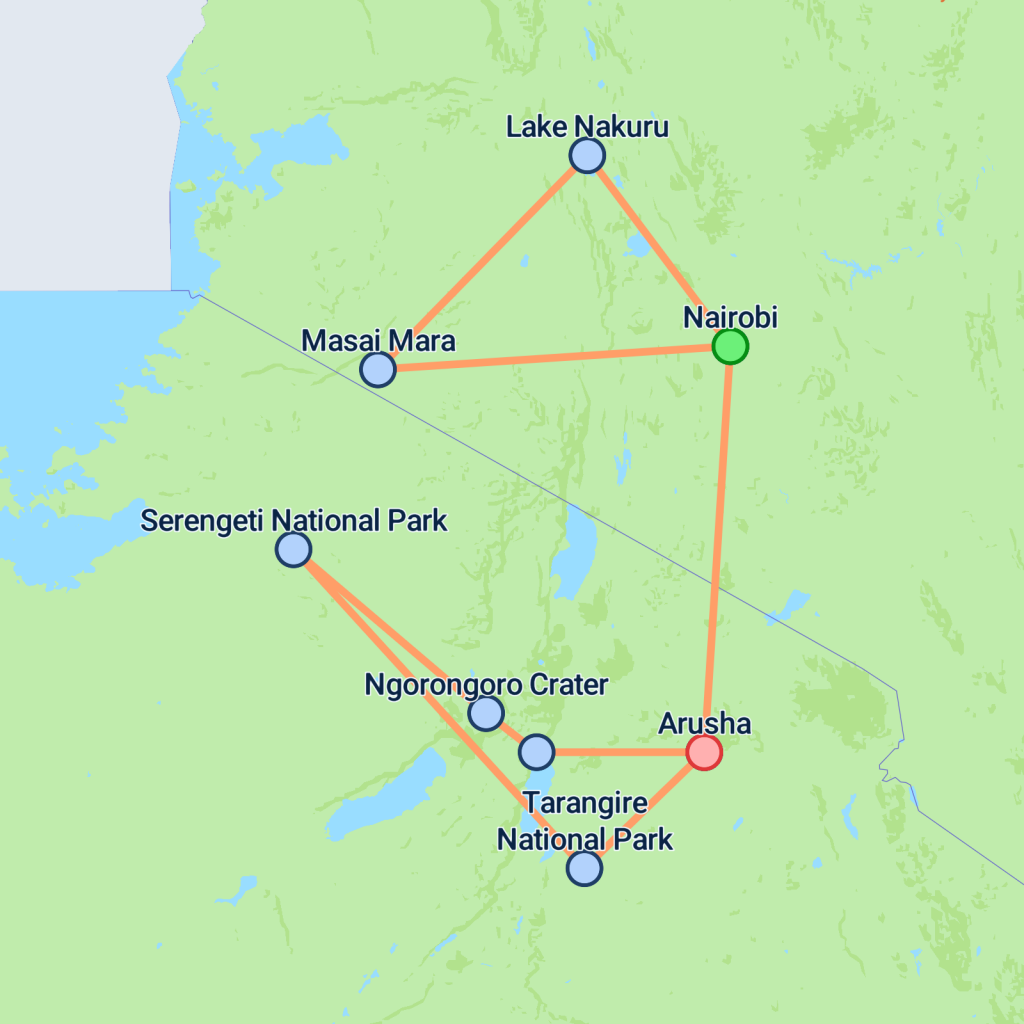 Wild Kenya & Tanzania Safari (Camping) - 12 days map