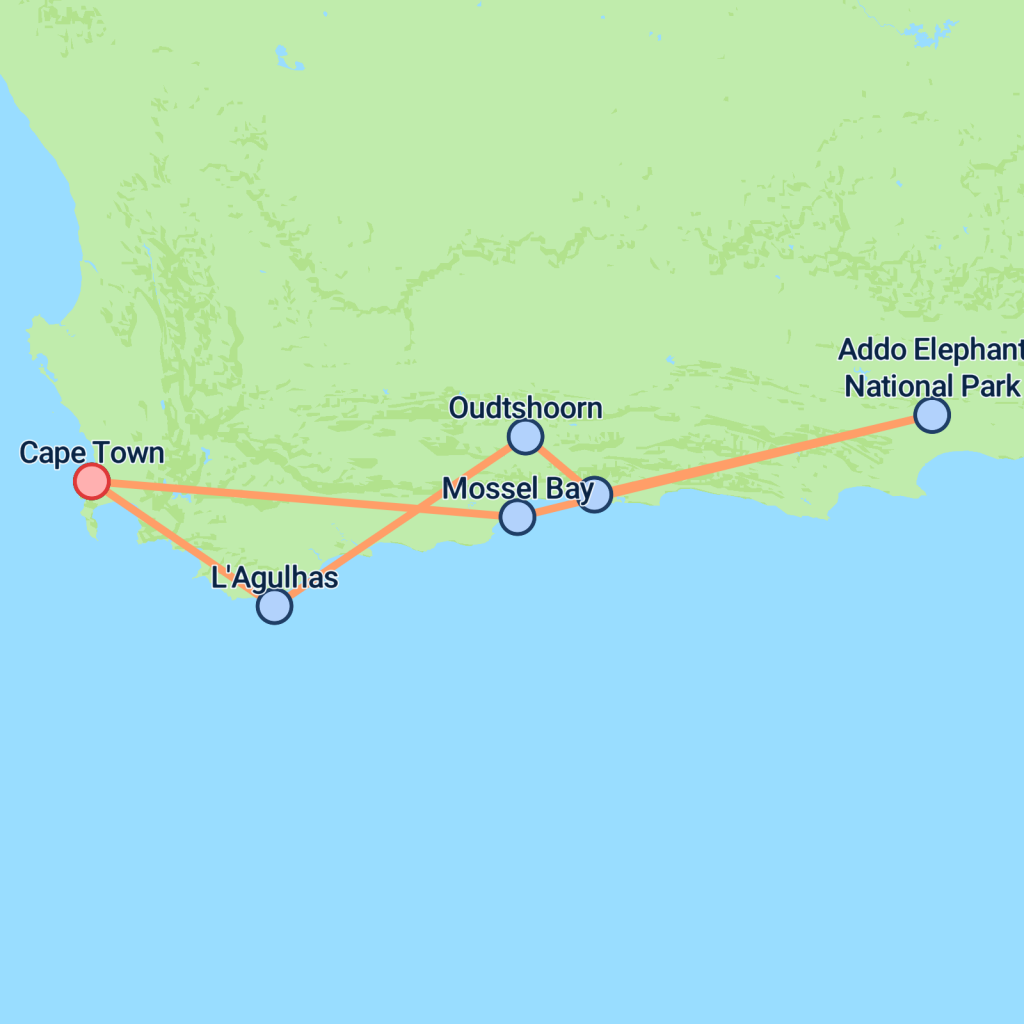Cape Town, Garden Route & Safari (Hostel) - 10 days map
