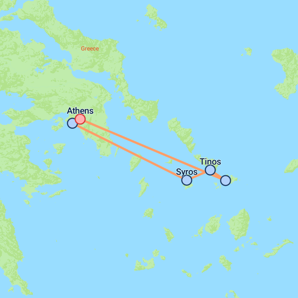 Athens to Syros, Tinos & Mykonos (2 Star) - 7 days map