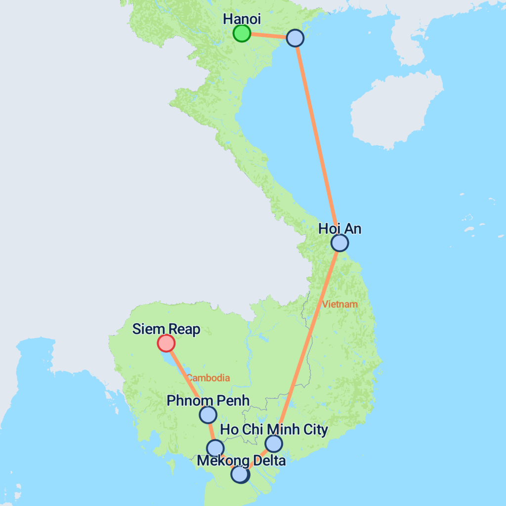 Classic Hanoi to Siem Reap - 15 days map