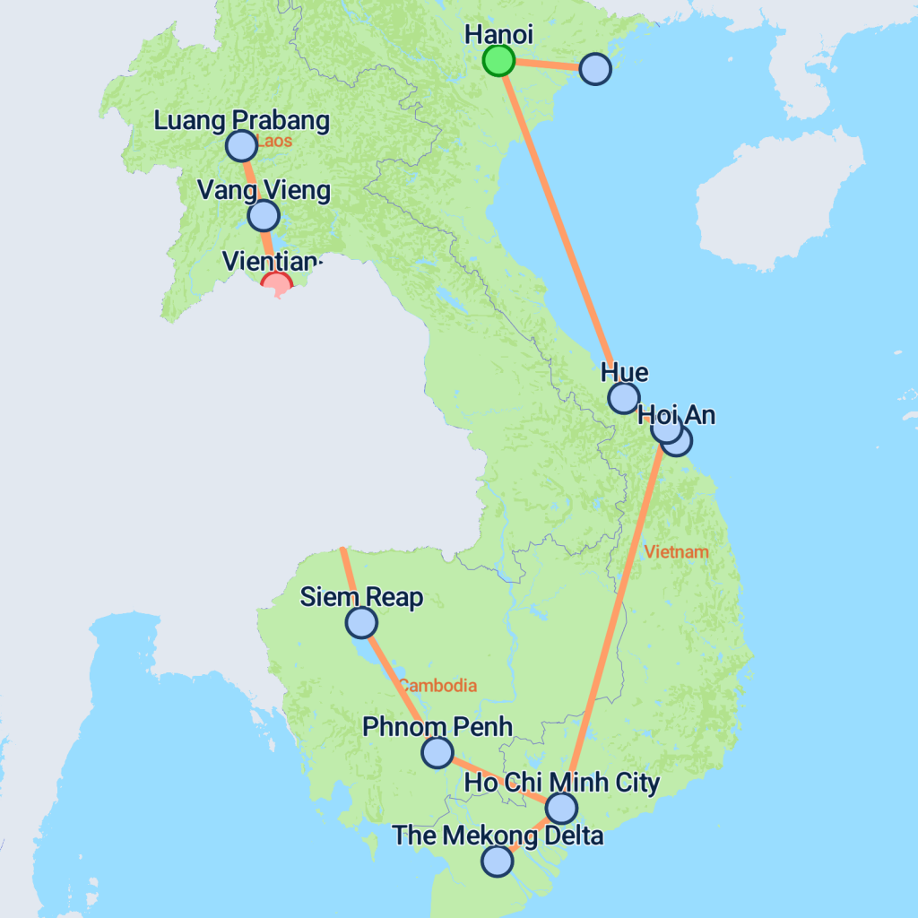 Vietnam, Cambodia & Northern Laos - 18 days map