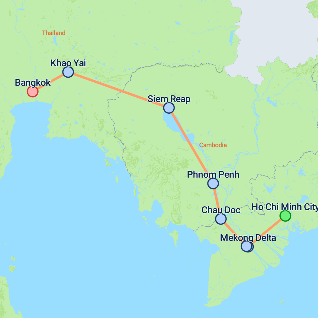South Vietnam & Cambodia to Bangkok - 15 days map