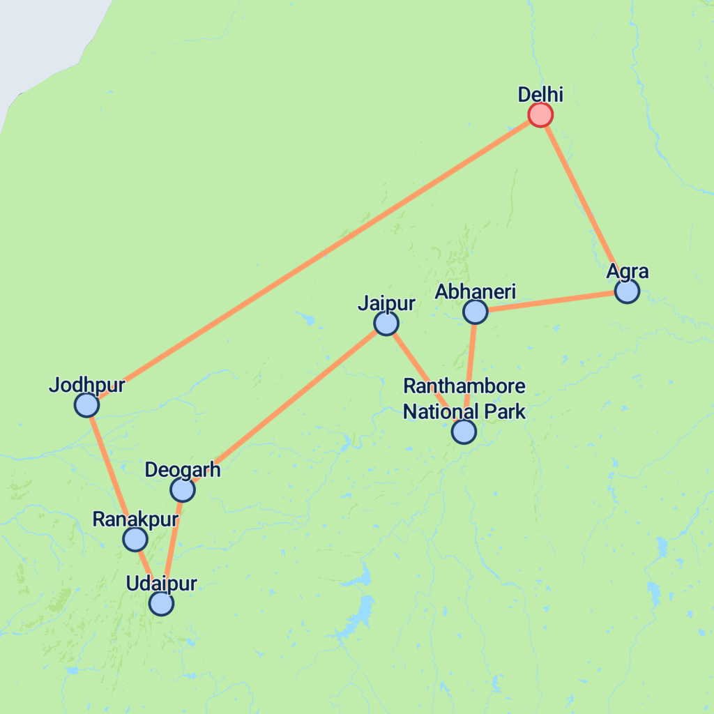 Delhi to Rajasthan & Tigers - 14 days map