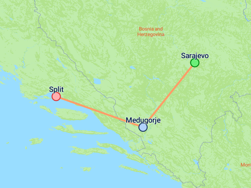 Sarajevo to Split 4 days On The - Map4208square Crop 800 600