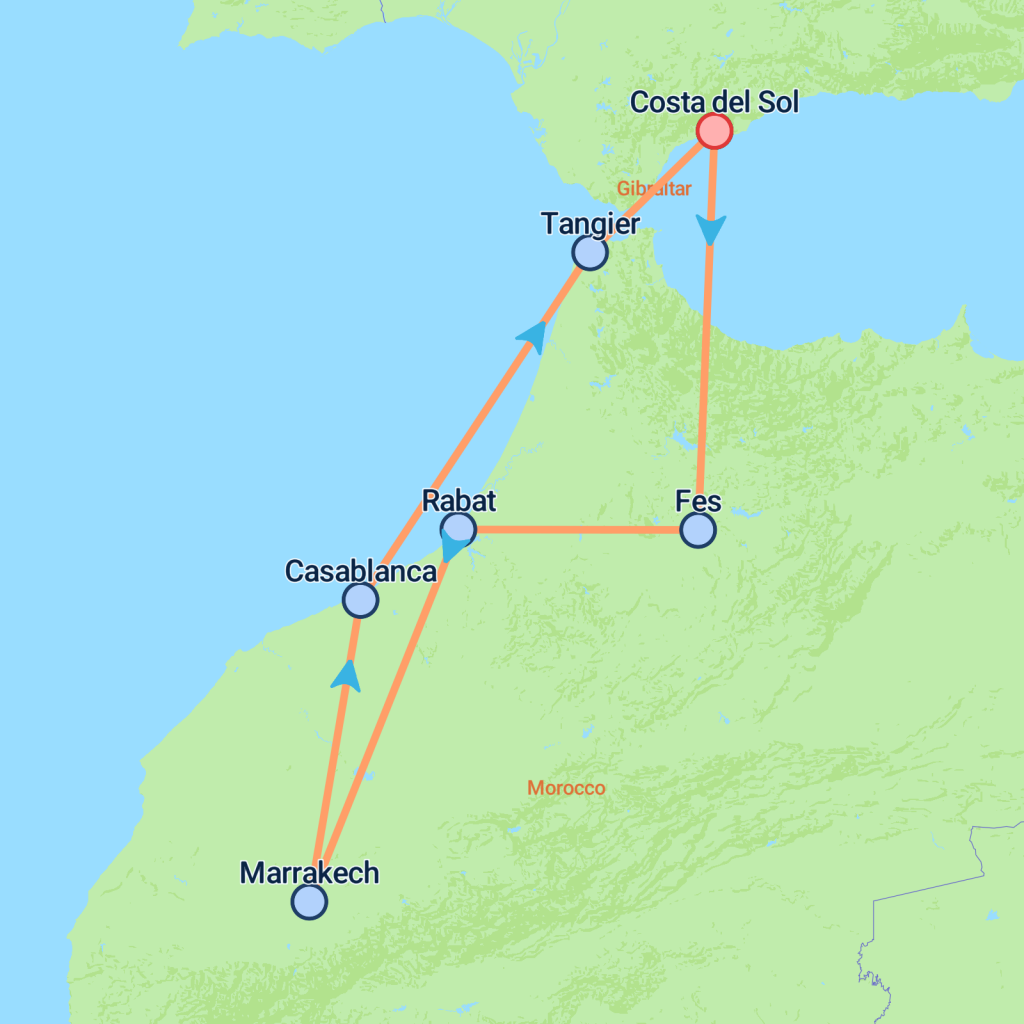 Private Costa del Sol to Morocco (Superior) - 9 days map