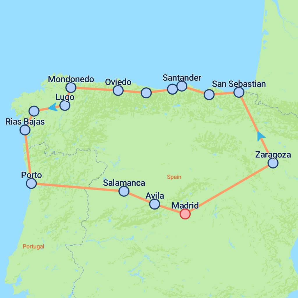 Private Madrid to Galicia & Porto - 13 days map