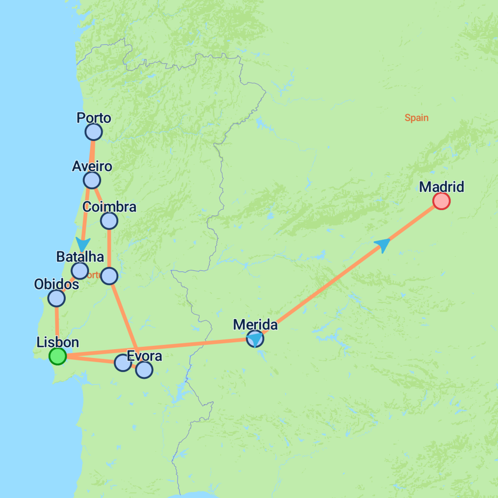 Private Lisbon, Porto & Madrid - 10 days map