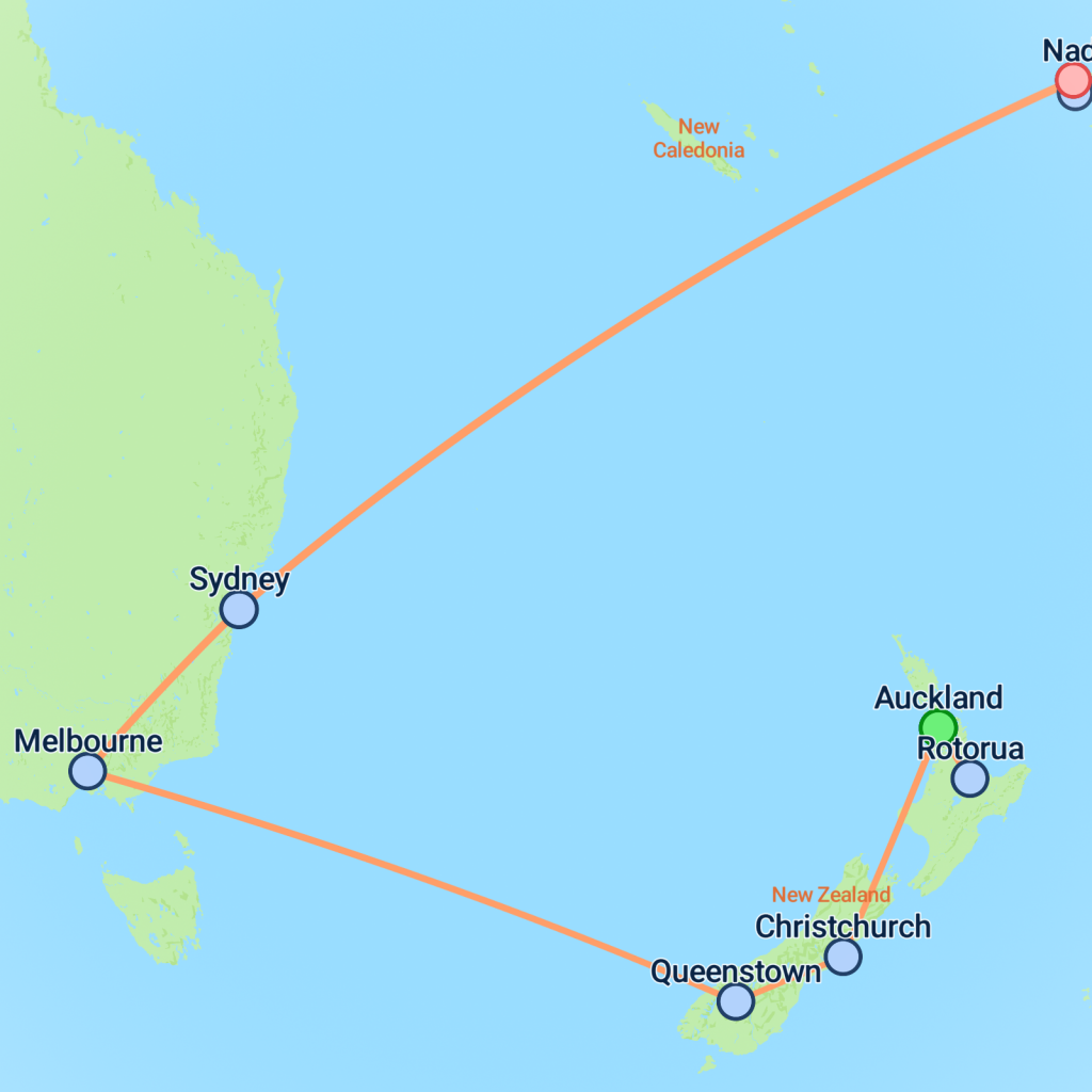 New Zealand, Australian East Coast & Fiji - 17 days map