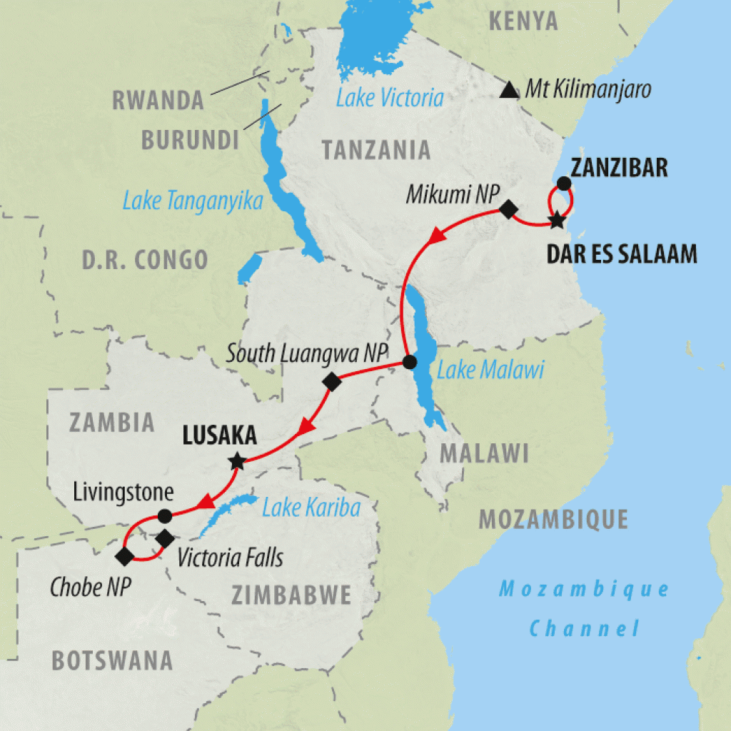 Zanzibar to Zimbabwe - 16 days map