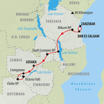 Zanzibar to Zimbabwe - 16 days map