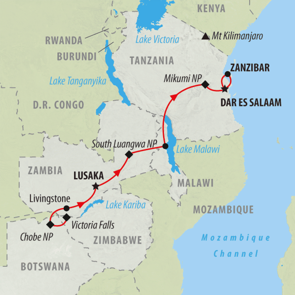 Zimbabwe to Zanzibar - 16 days map